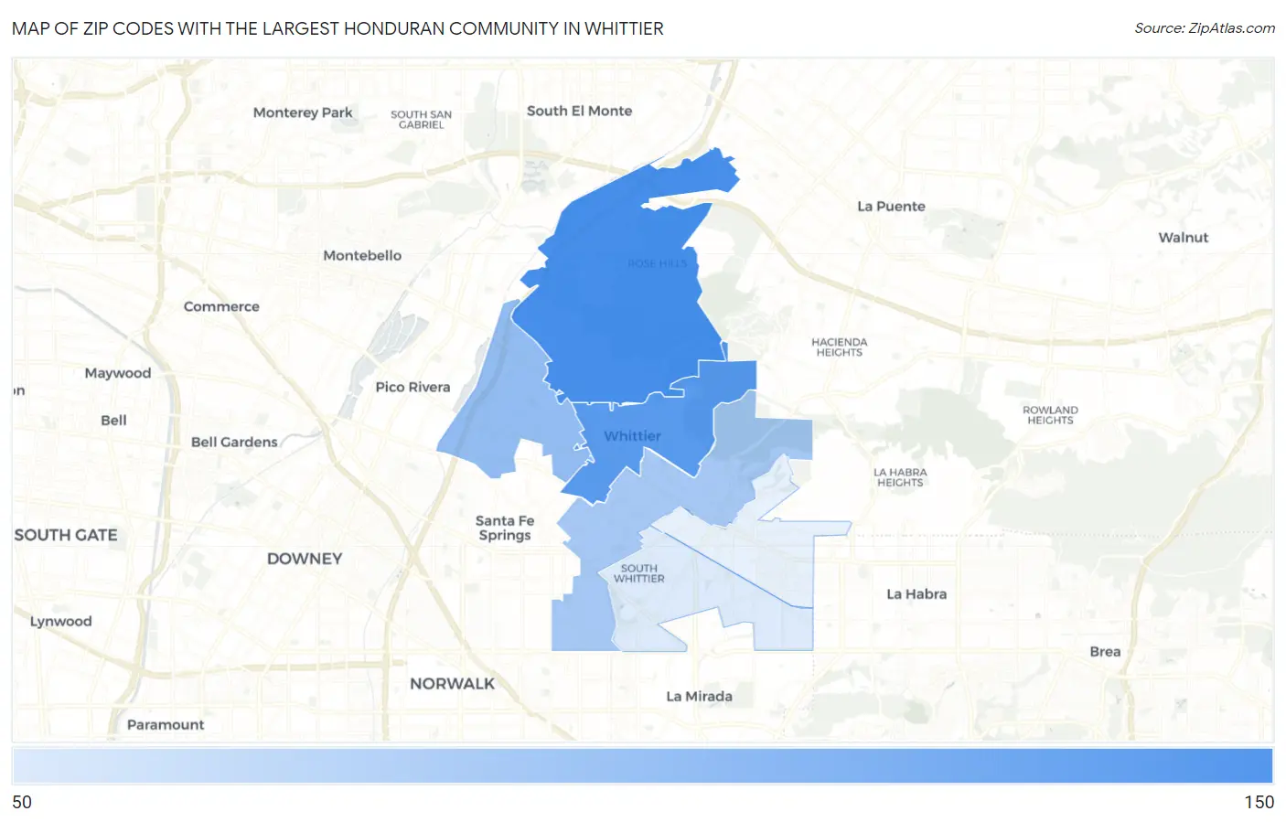 Zip Codes with the Largest Honduran Community in Whittier Map