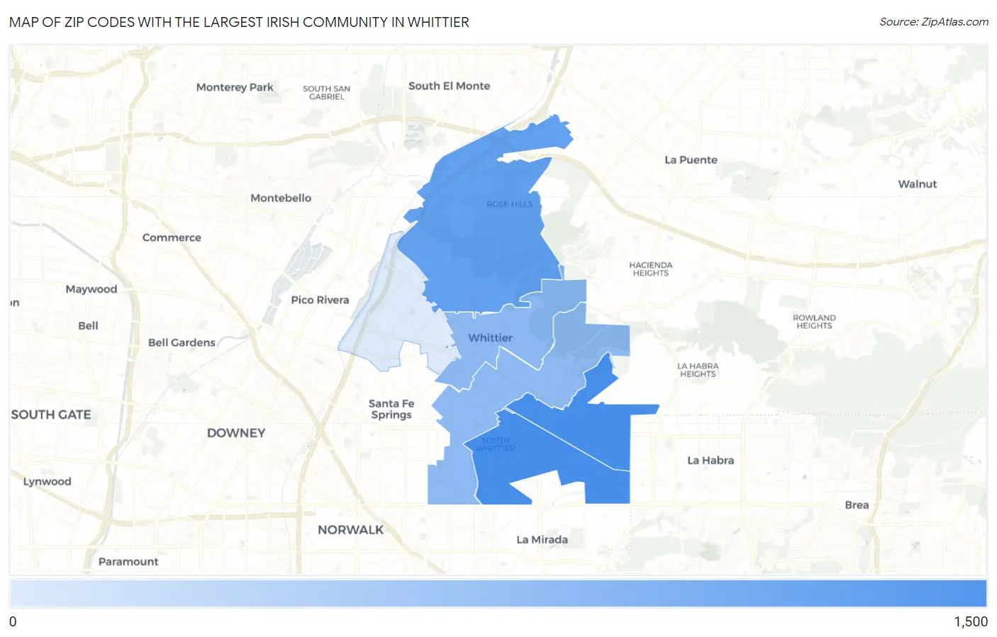 Zip Codes with the Largest Irish Community in Whittier Map