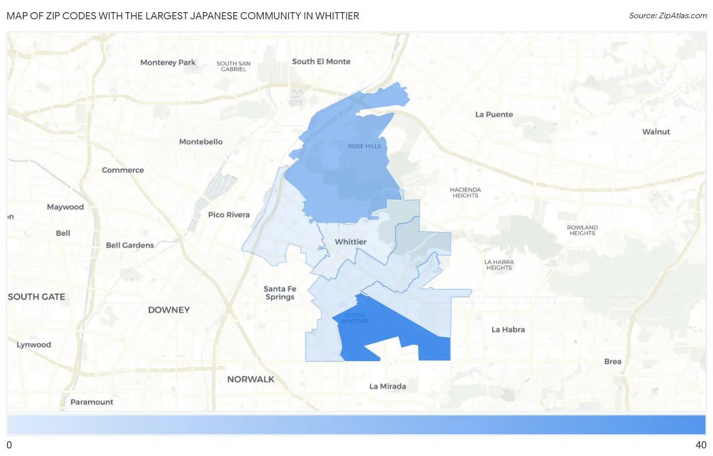 Zip Codes with the Largest Japanese Community in Whittier Map