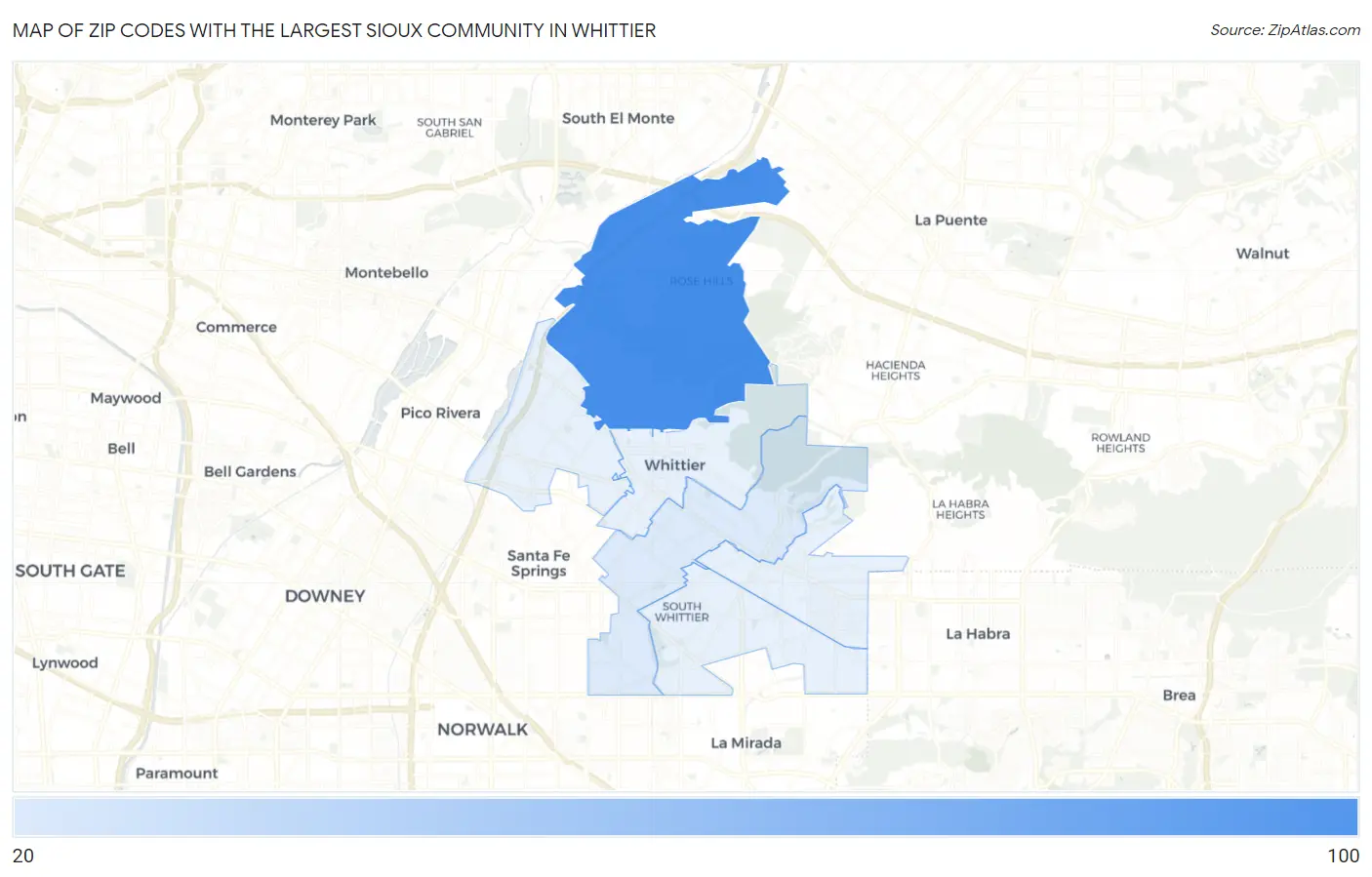 Zip Codes with the Largest Sioux Community in Whittier Map