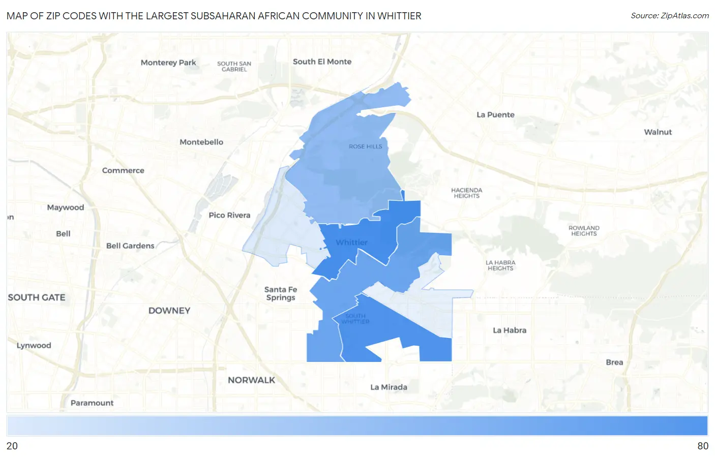 Zip Codes with the Largest Subsaharan African Community in Whittier Map