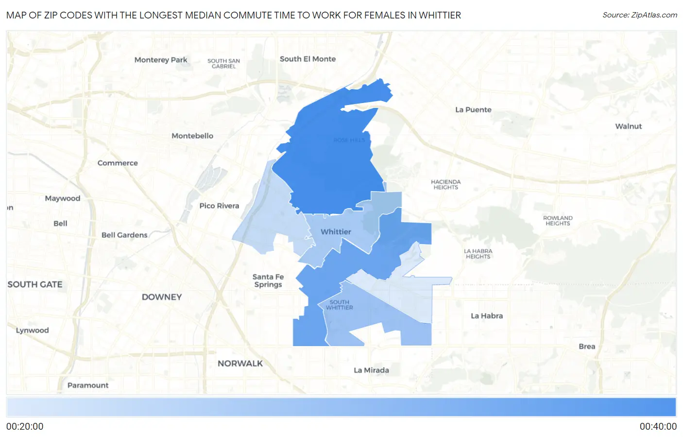 Zip Codes with the Longest Median Commute Time to Work for Females in Whittier Map