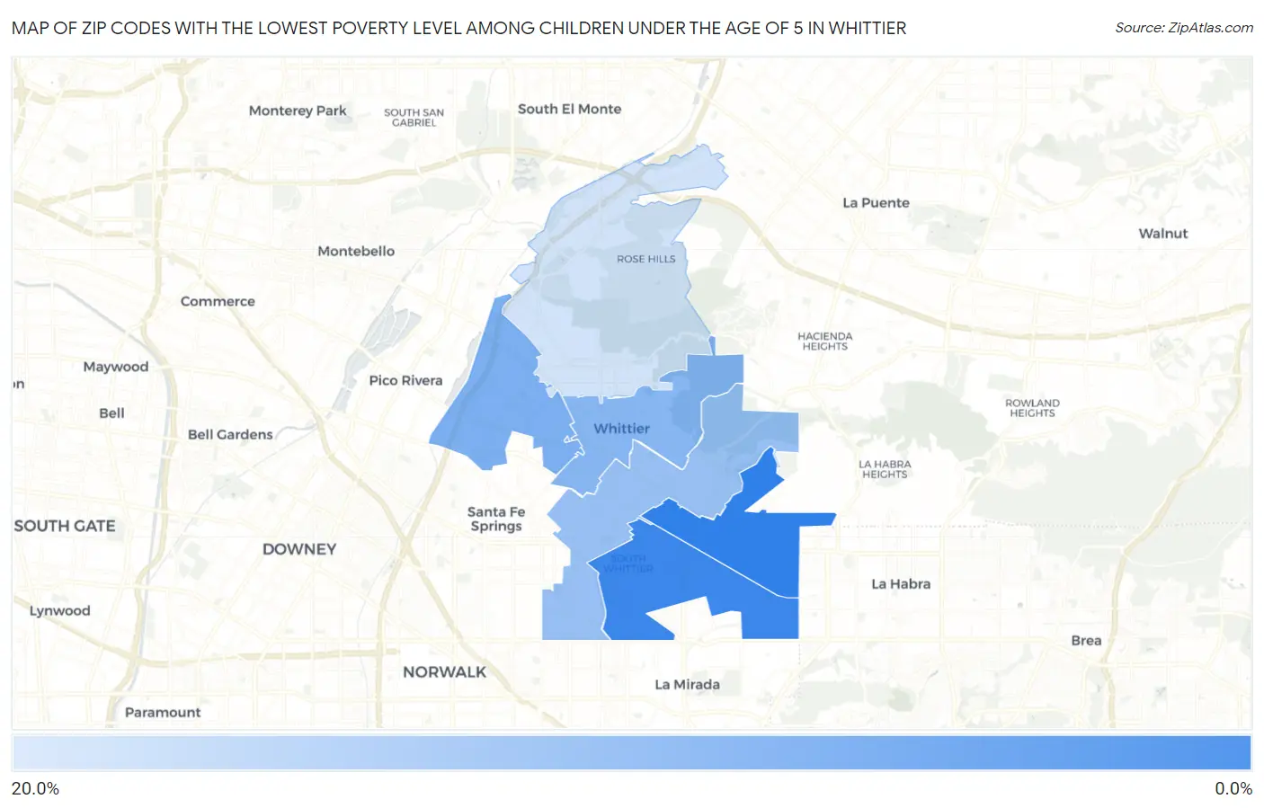 Zip Codes with the Lowest Poverty Level Among Children Under the Age of 5 in Whittier Map
