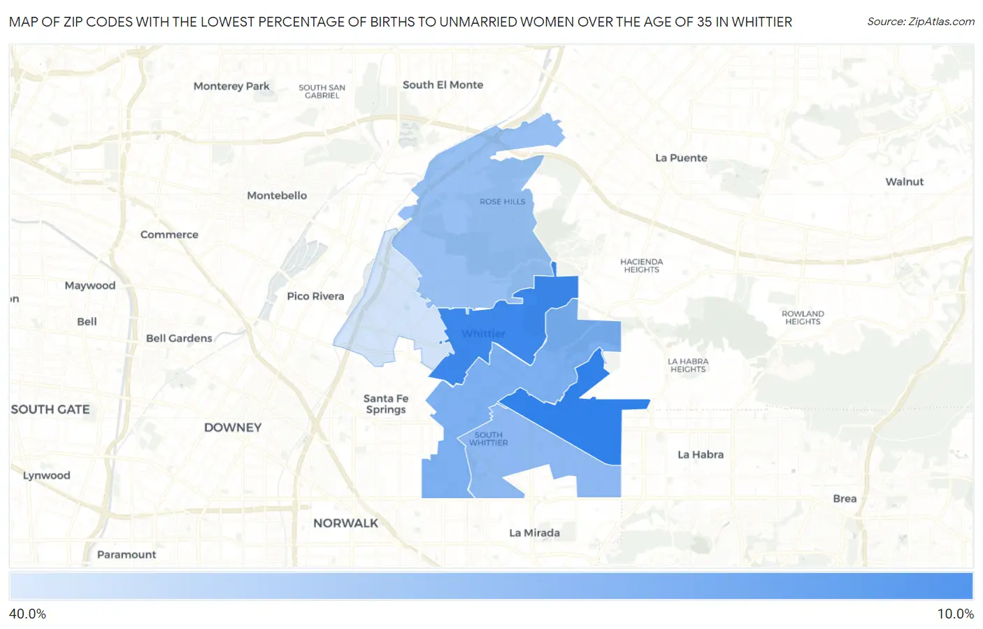 Zip Codes with the Lowest Percentage of Births to Unmarried Women over the Age of 35 in Whittier Map