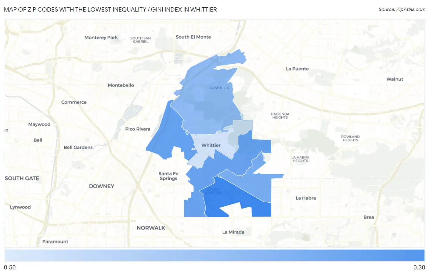 Zip Codes with the Lowest Inequality / Gini Index in Whittier Map