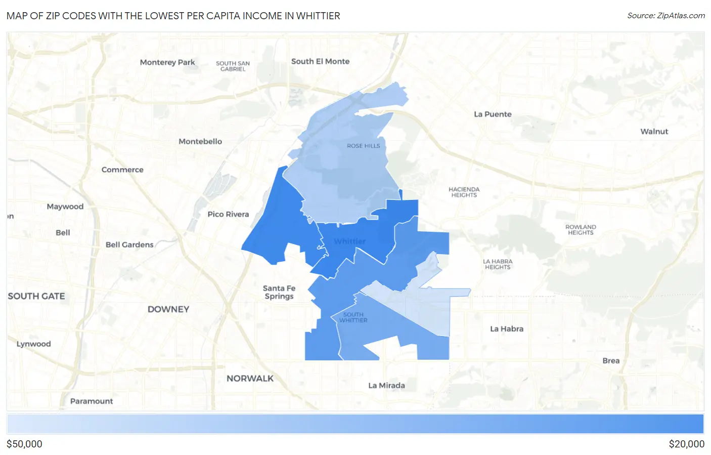 Zip Codes with the Lowest Per Capita Income in Whittier Map