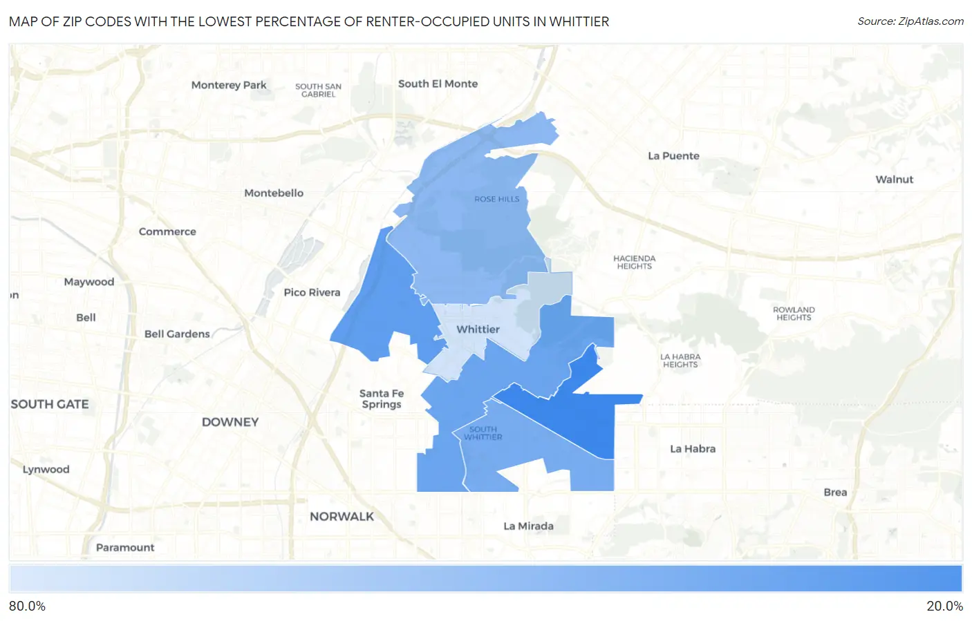 Zip Codes with the Lowest Percentage of Renter-Occupied Units in Whittier Map