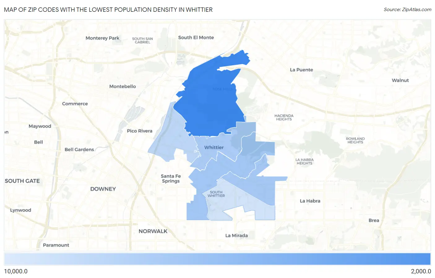 Zip Codes with the Lowest Population Density in Whittier Map