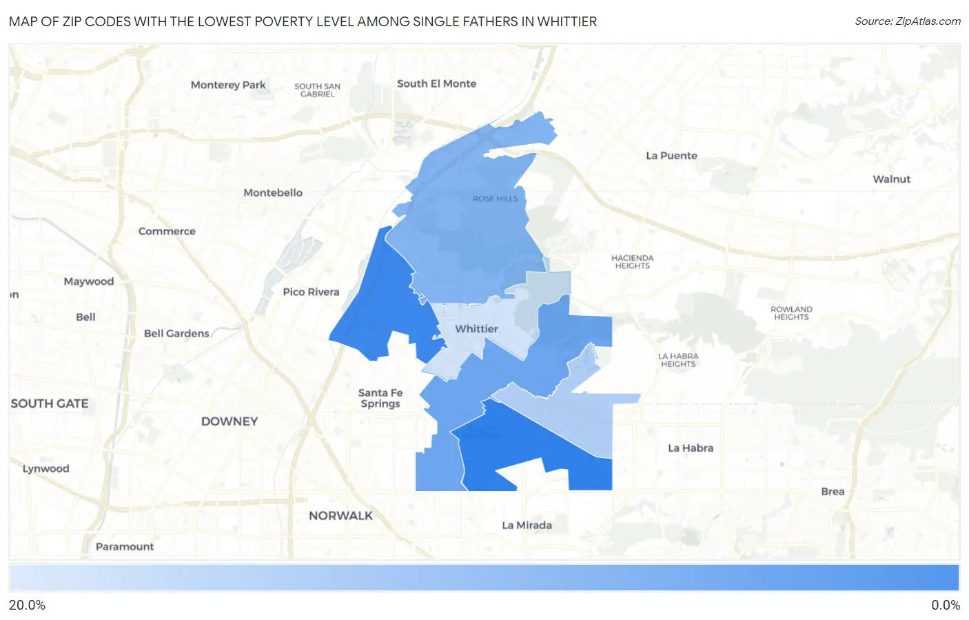 Zip Codes with the Lowest Poverty Level Among Single Fathers in Whittier Map