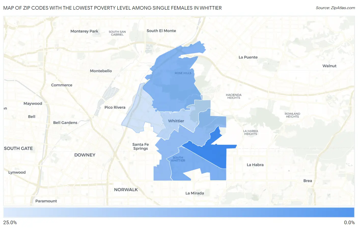 Zip Codes with the Lowest Poverty Level Among Single Females in Whittier Map