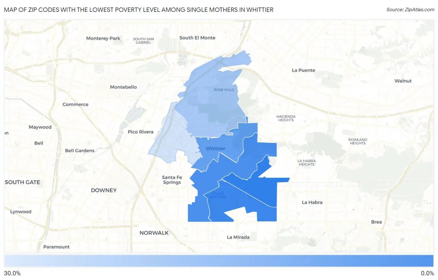 Zip Codes with the Lowest Poverty Level Among Single Mothers in Whittier Map