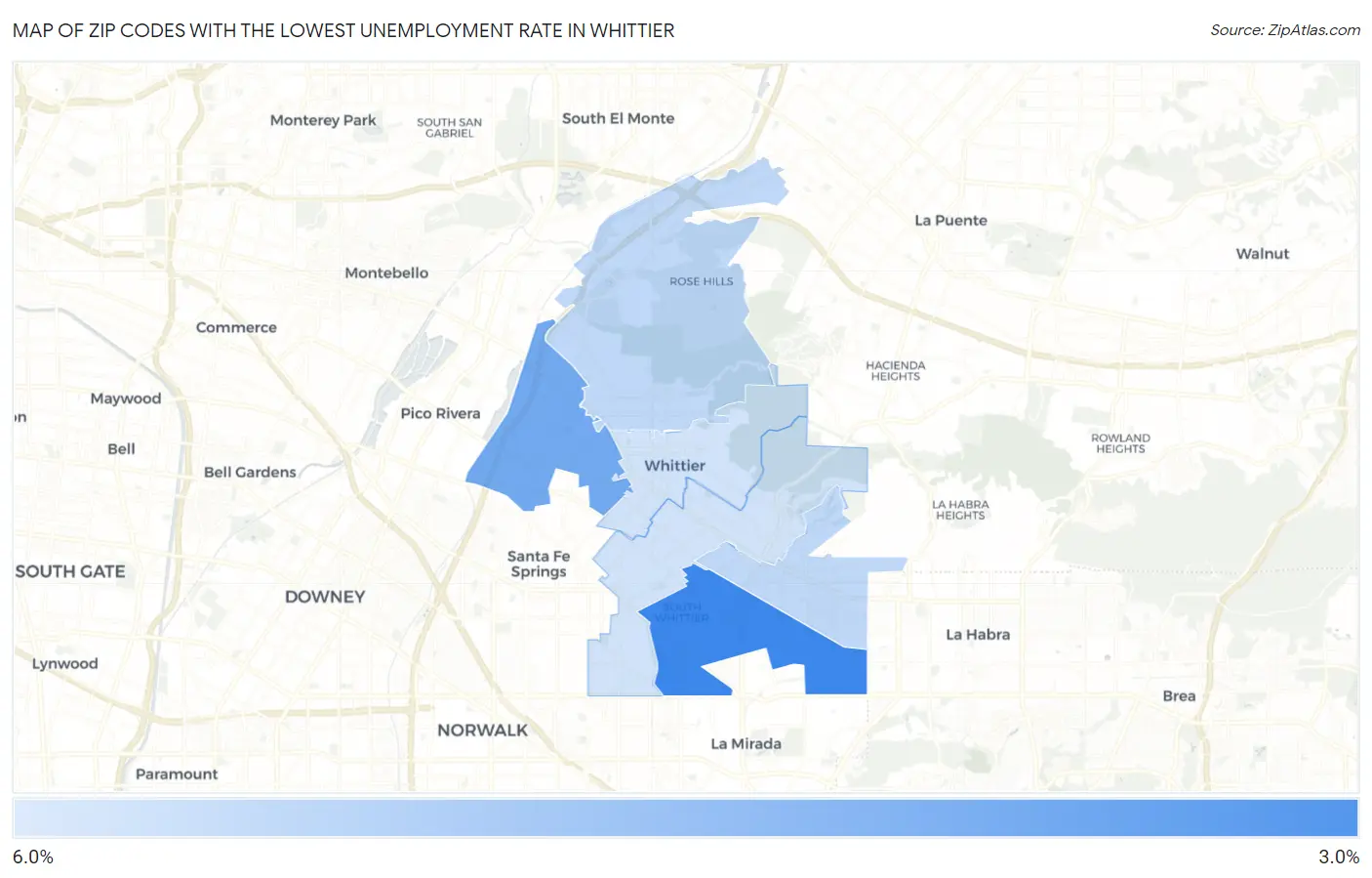 Zip Codes with the Lowest Unemployment Rate in Whittier Map
