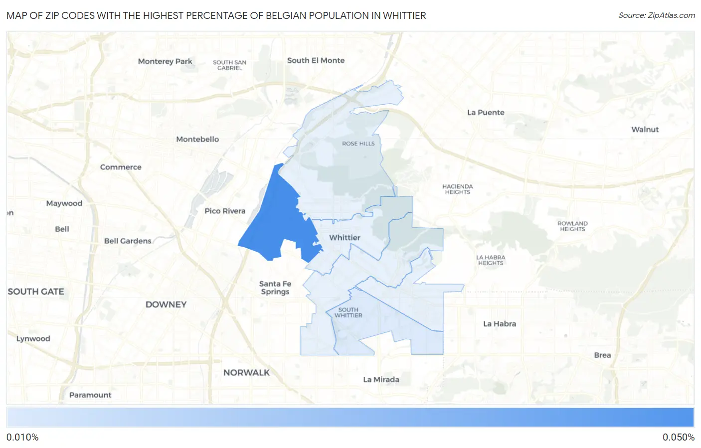 Zip Codes with the Highest Percentage of Belgian Population in Whittier Map