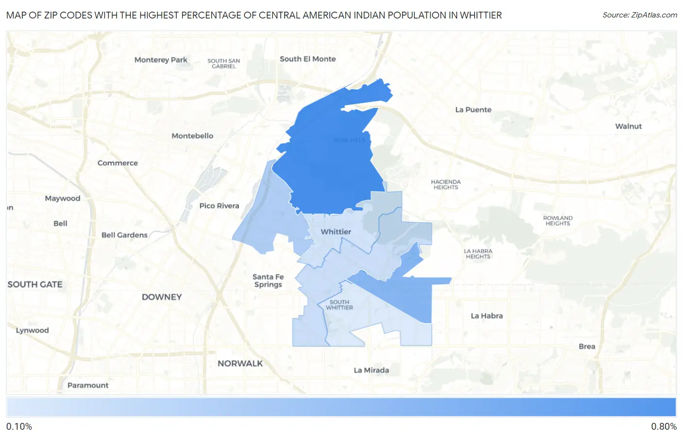 Zip Codes with the Highest Percentage of Central American Indian Population in Whittier Map