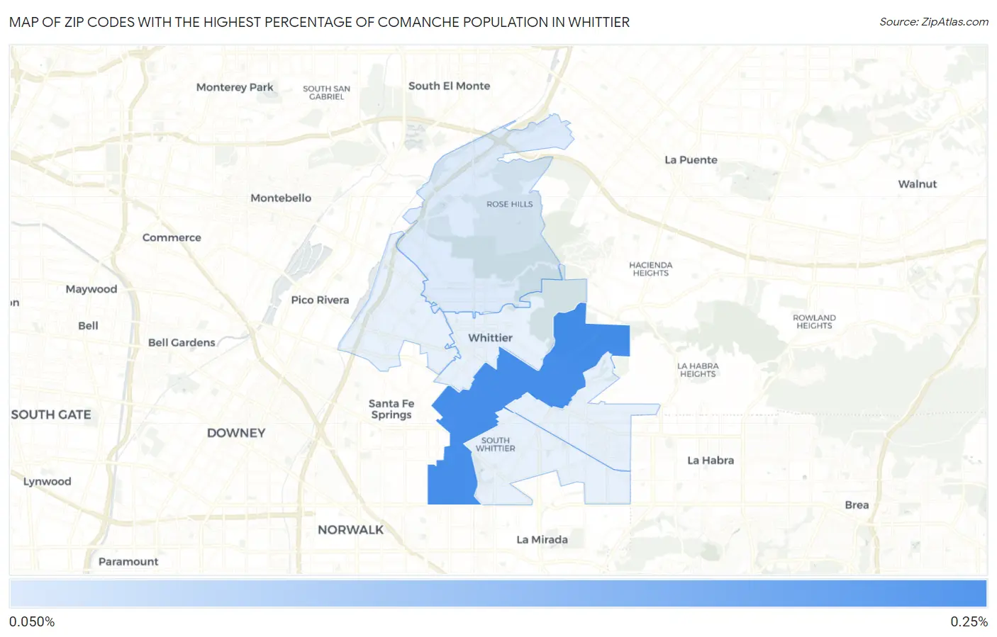 Zip Codes with the Highest Percentage of Comanche Population in Whittier Map