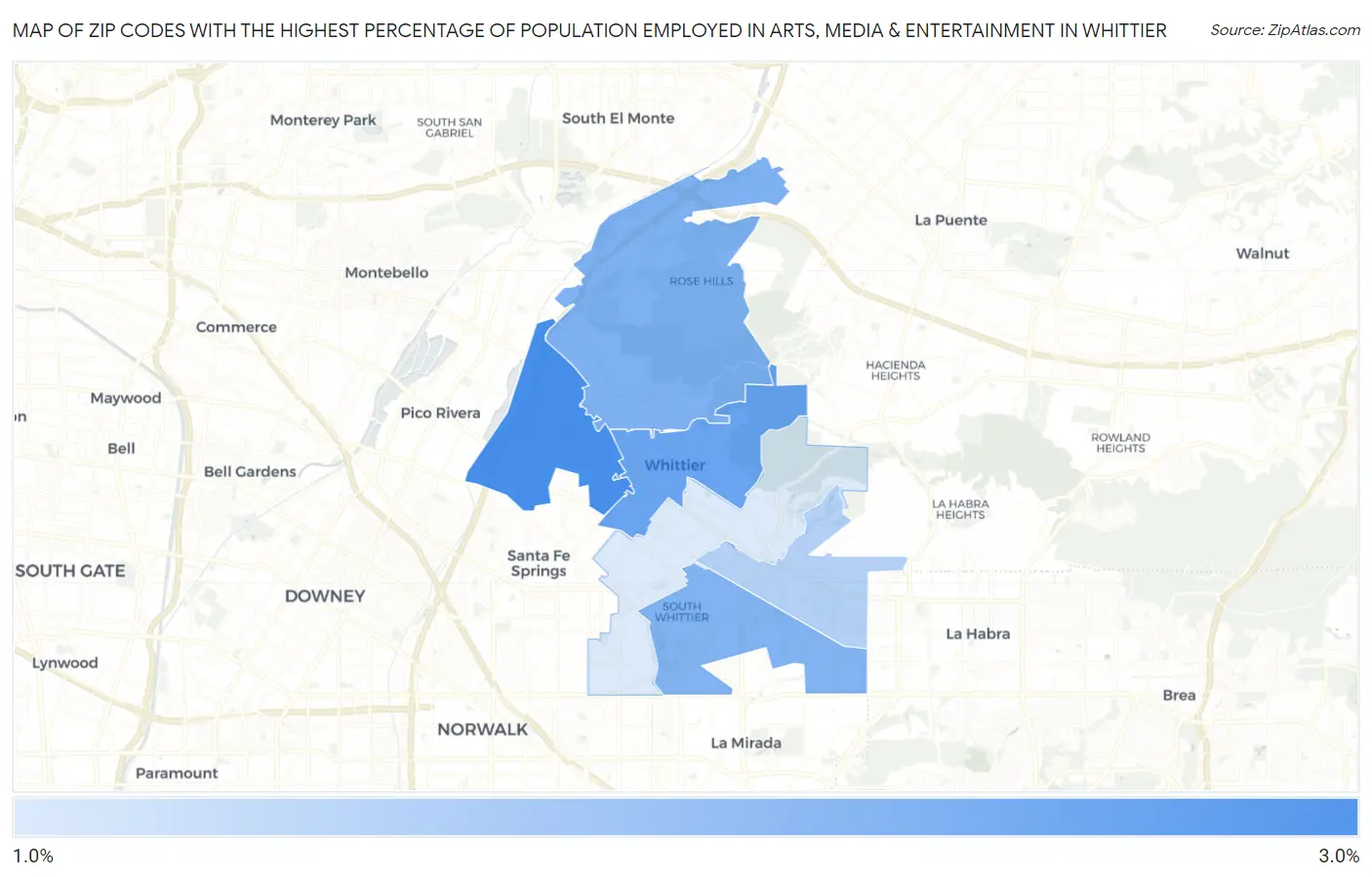Zip Codes with the Highest Percentage of Population Employed in Arts, Media & Entertainment in Whittier Map