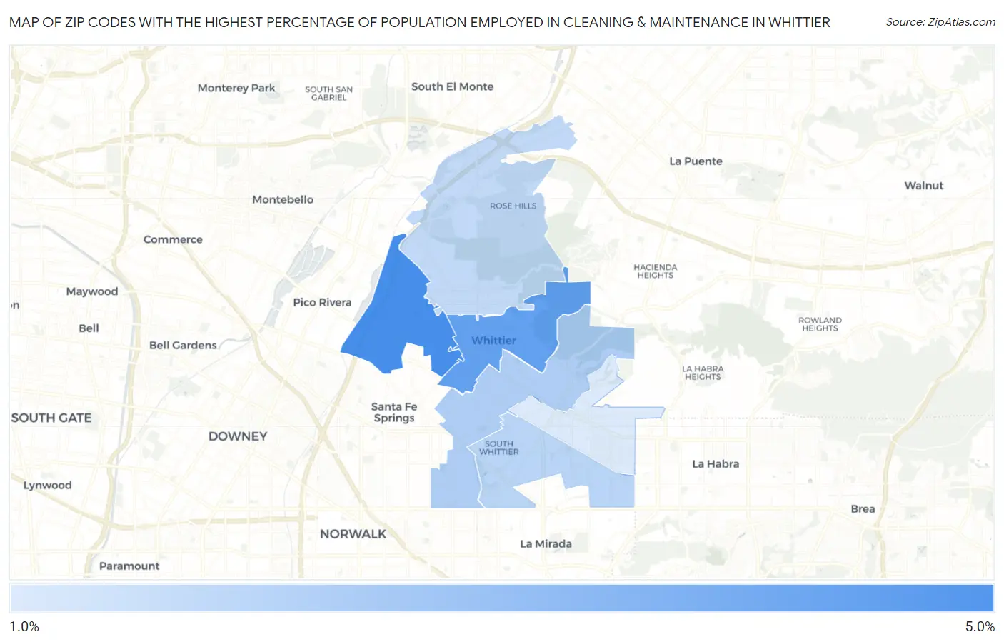 Zip Codes with the Highest Percentage of Population Employed in Cleaning & Maintenance in Whittier Map