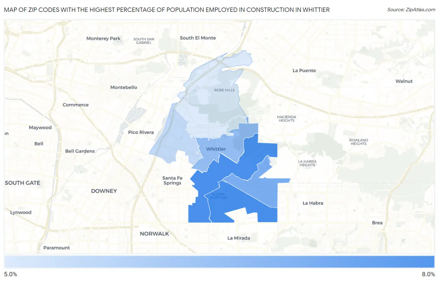 Zip Codes with the Highest Percentage of Population Employed in Construction in Whittier Map