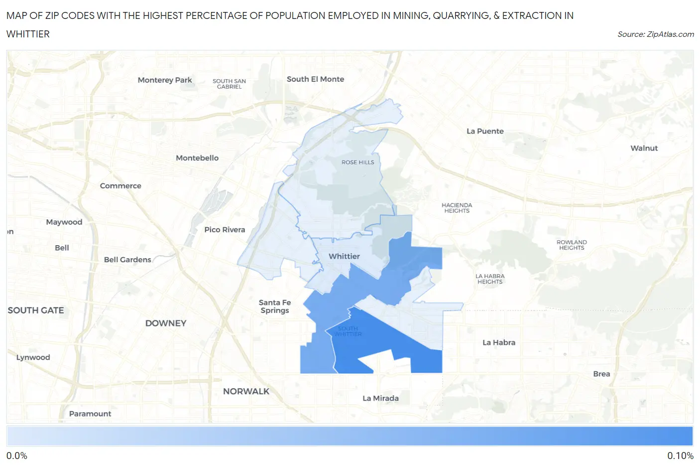 Zip Codes with the Highest Percentage of Population Employed in Mining, Quarrying, & Extraction in Whittier Map