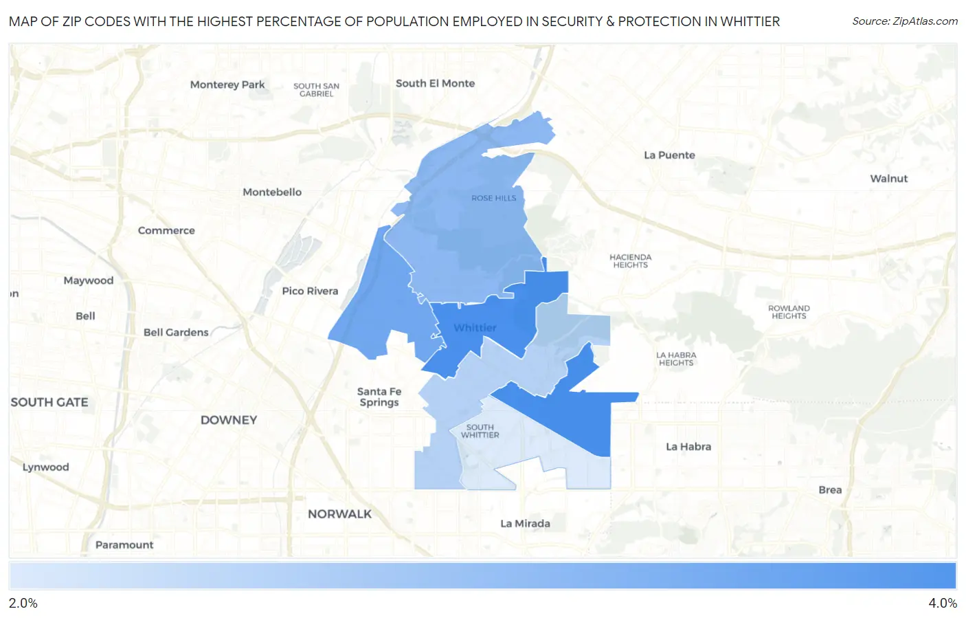 Zip Codes with the Highest Percentage of Population Employed in Security & Protection in Whittier Map