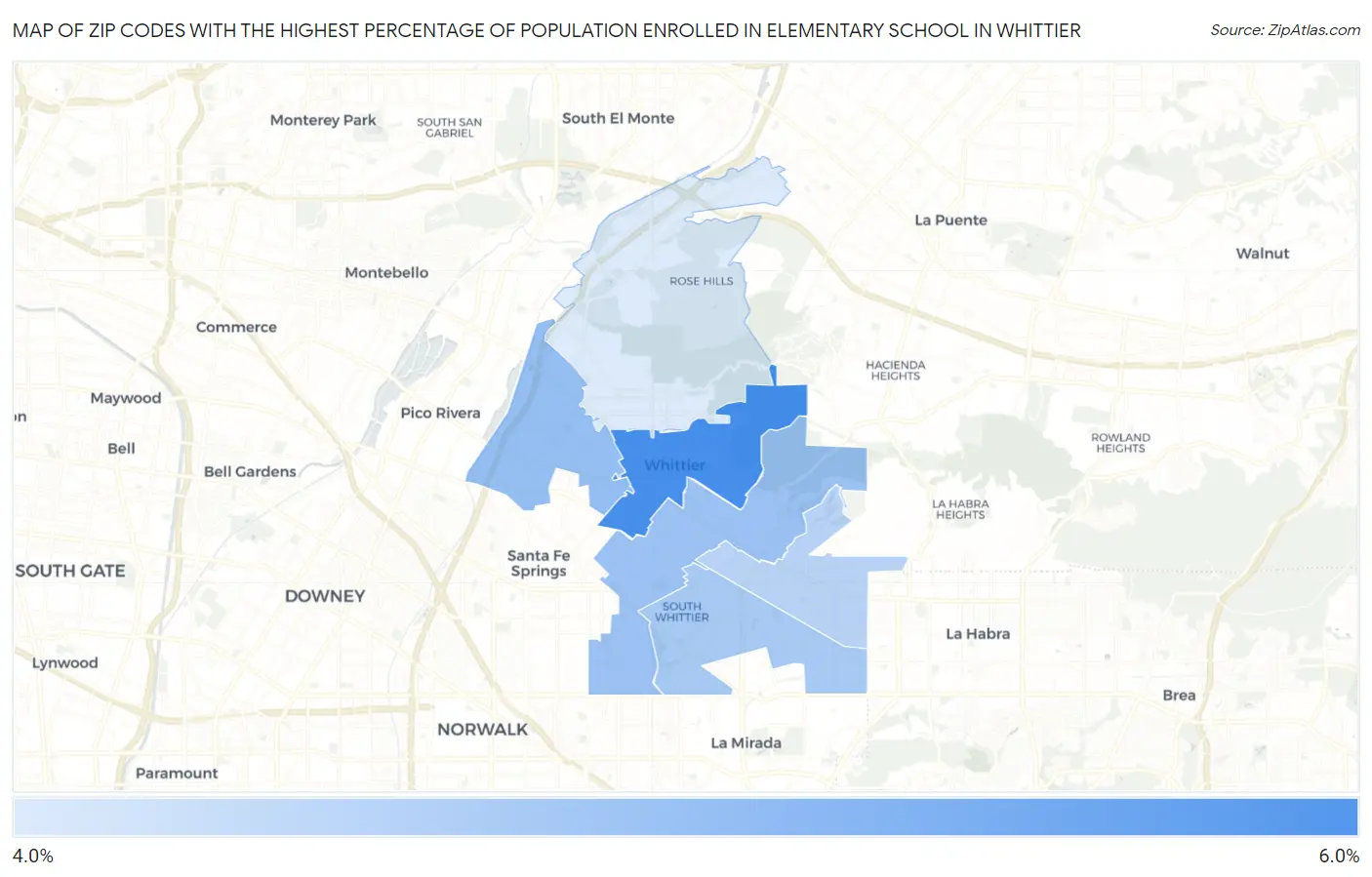 Zip Codes with the Highest Percentage of Population Enrolled in Elementary School in Whittier Map