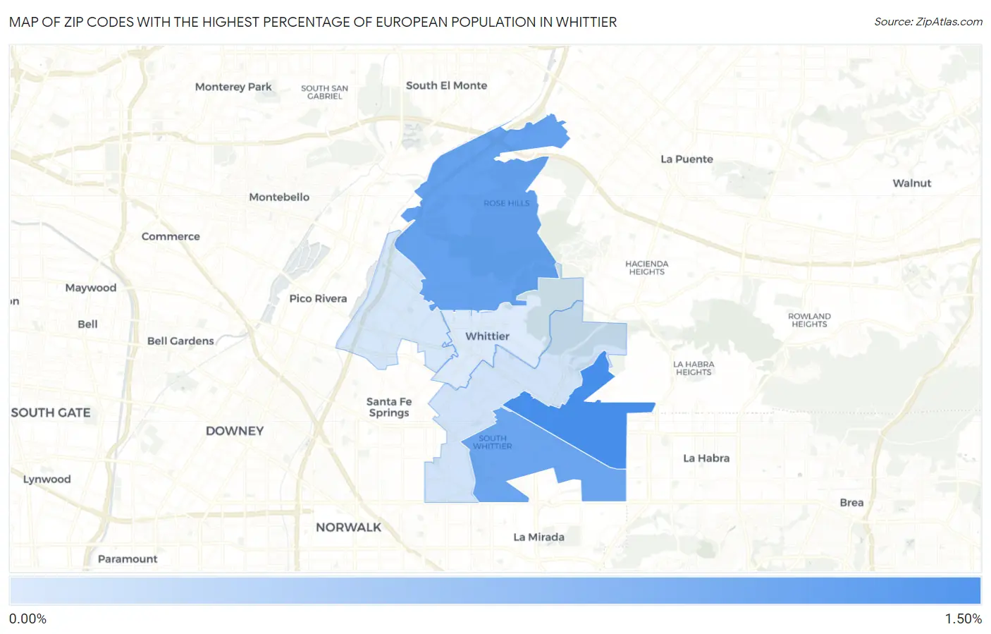 Zip Codes with the Highest Percentage of European Population in Whittier Map