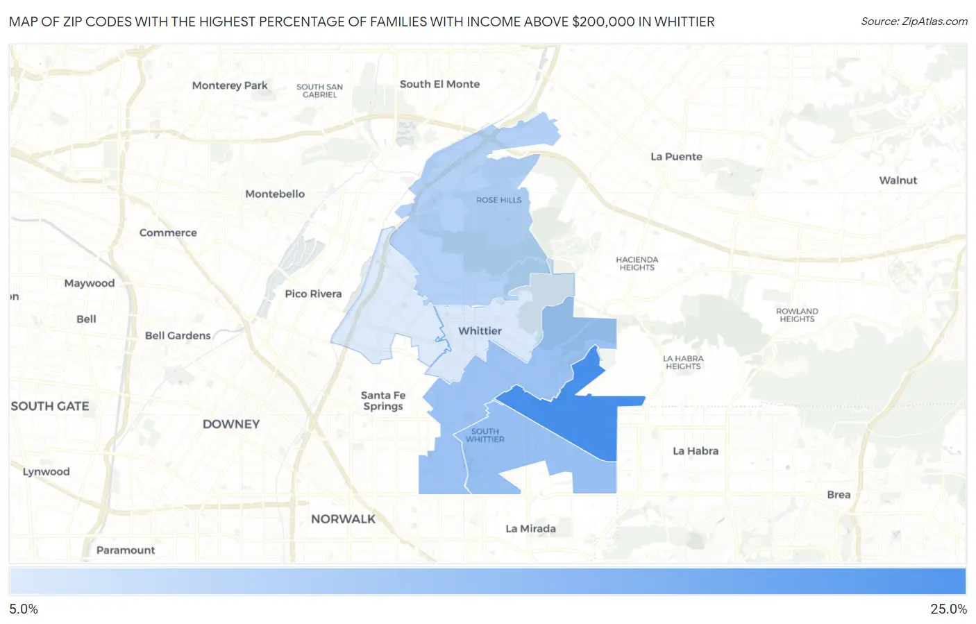 Zip Codes with the Highest Percentage of Families with Income Above $200,000 in Whittier Map