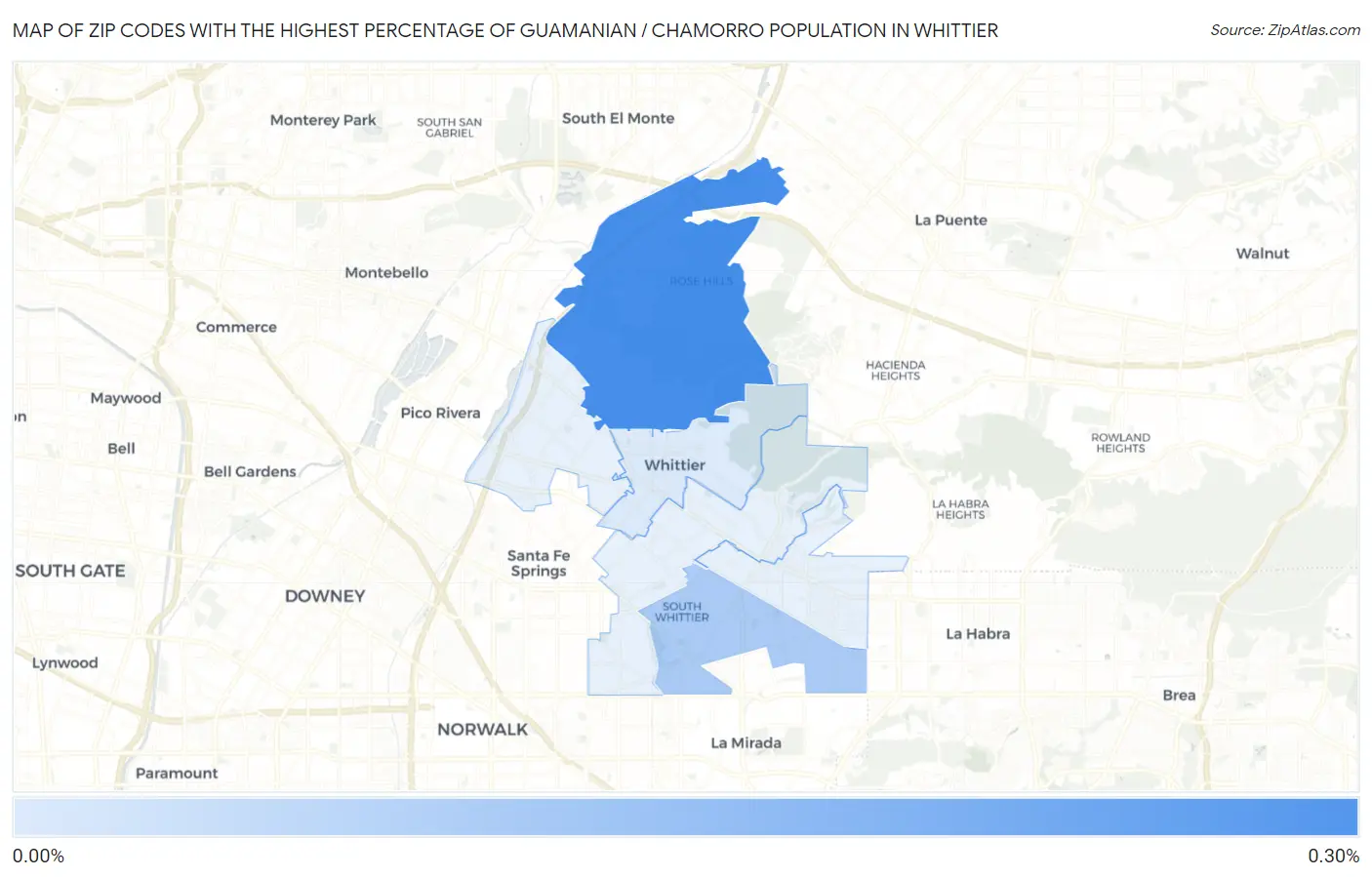 Zip Codes with the Highest Percentage of Guamanian / Chamorro Population in Whittier Map