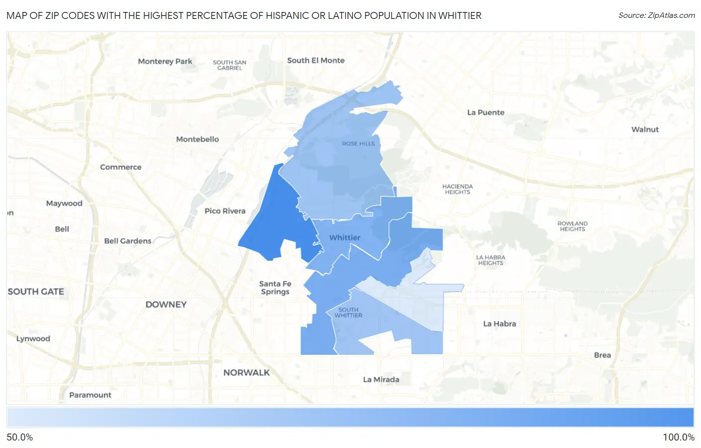 Zip Codes with the Highest Percentage of Hispanic or Latino Population in Whittier Map