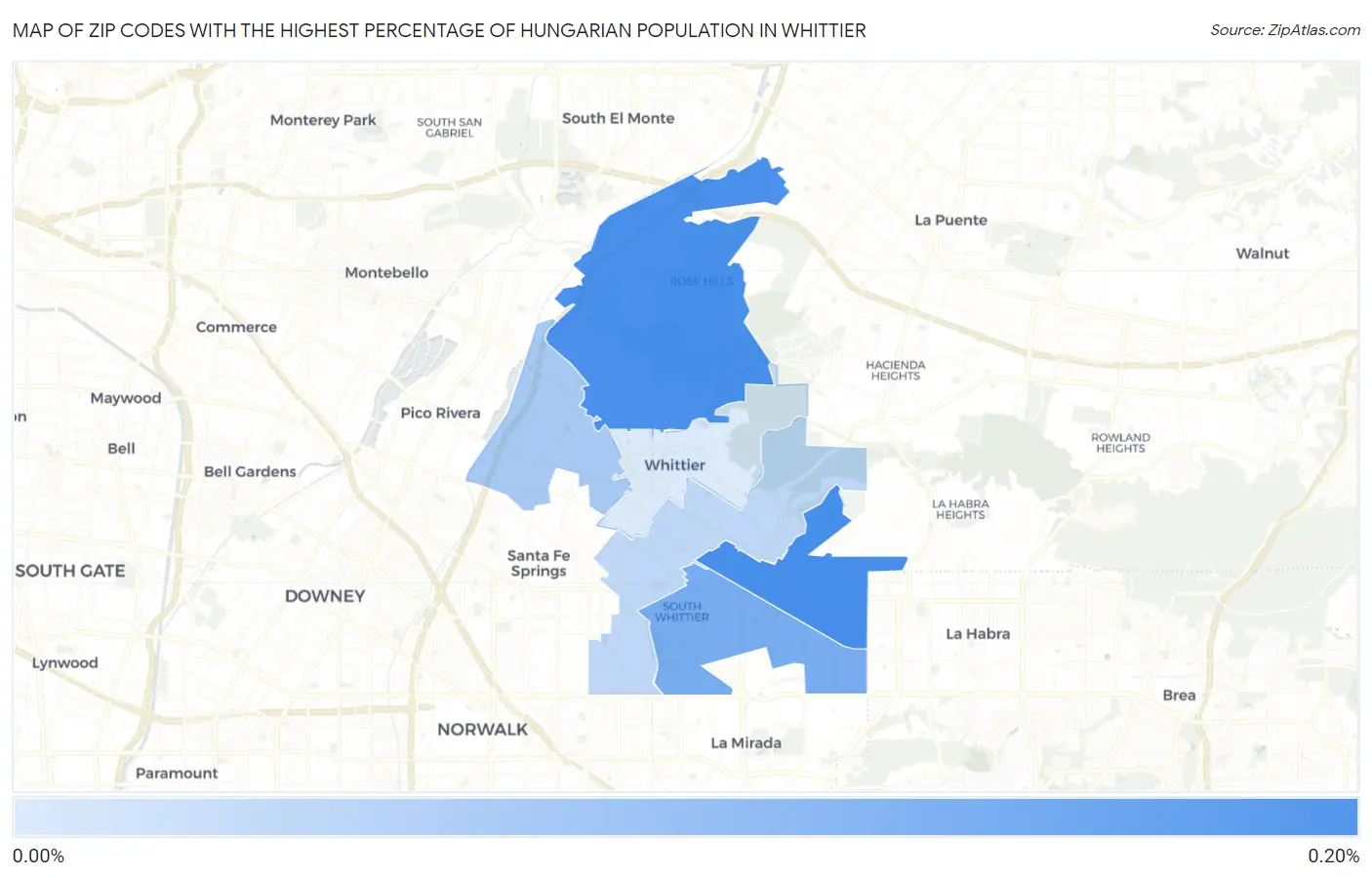 Zip Codes with the Highest Percentage of Hungarian Population in Whittier Map