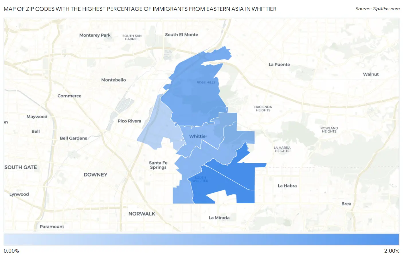 Zip Codes with the Highest Percentage of Immigrants from Eastern Asia in Whittier Map