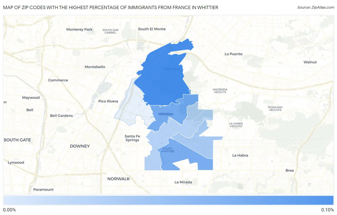 Zip Codes with the Highest Percentage of Immigrants from France in Whittier Map