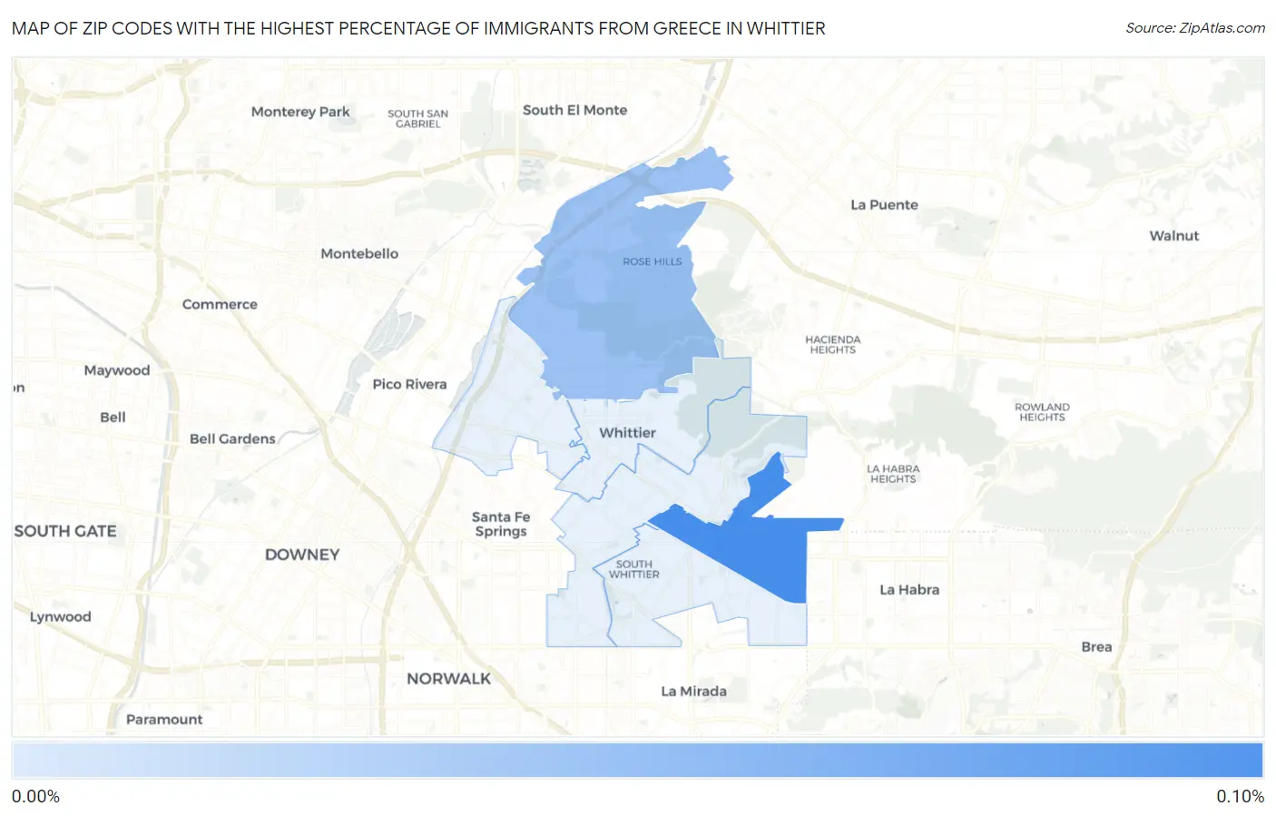 Zip Codes with the Highest Percentage of Immigrants from Greece in Whittier Map