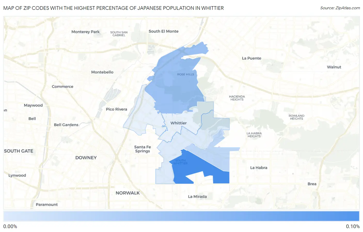 Zip Codes with the Highest Percentage of Japanese Population in Whittier Map