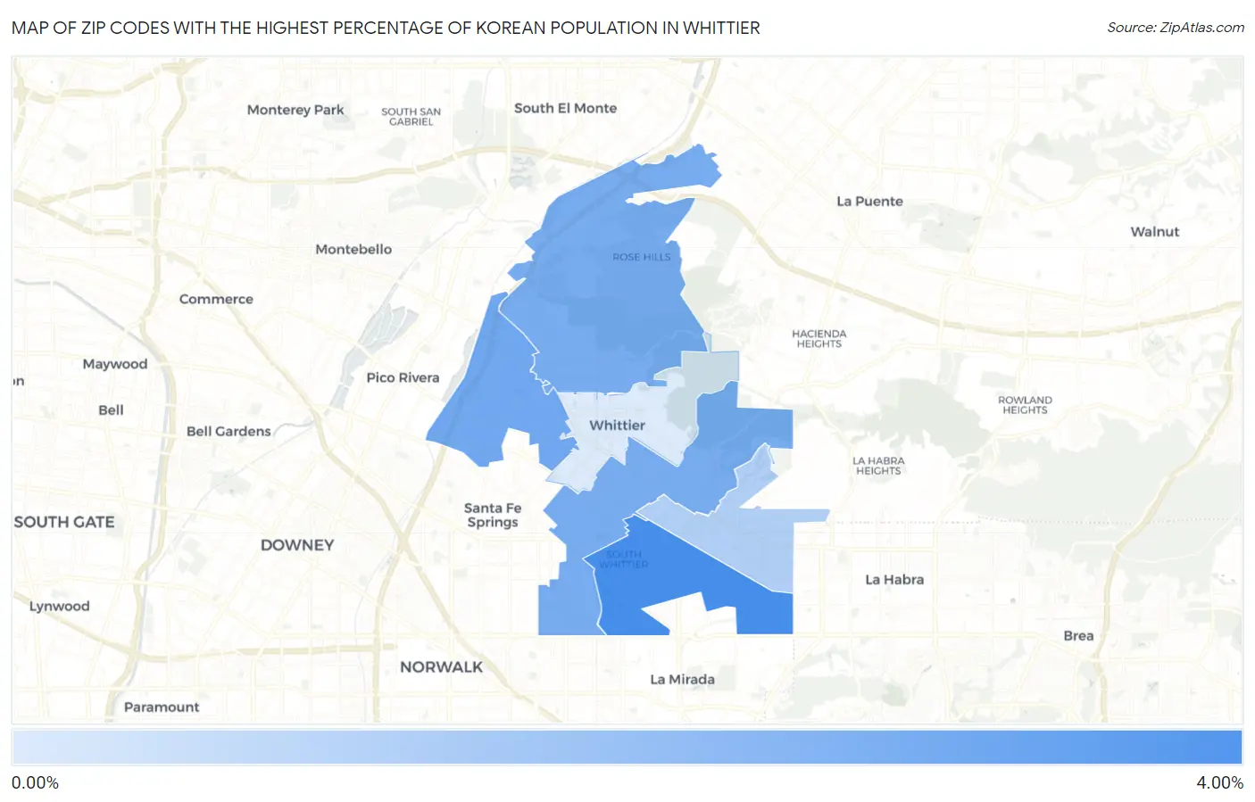 Zip Codes with the Highest Percentage of Korean Population in Whittier Map