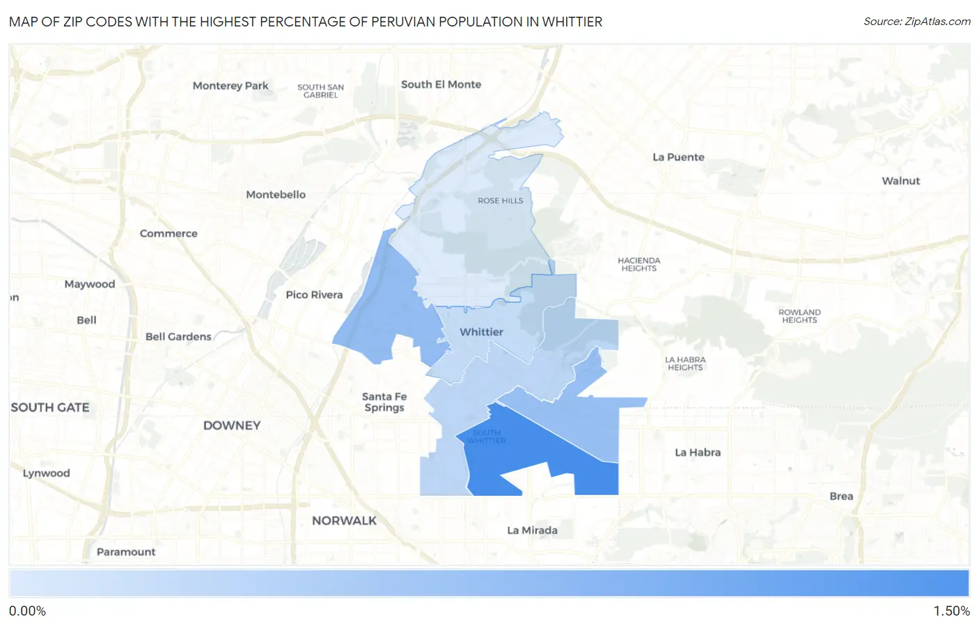Zip Codes with the Highest Percentage of Peruvian Population in Whittier Map