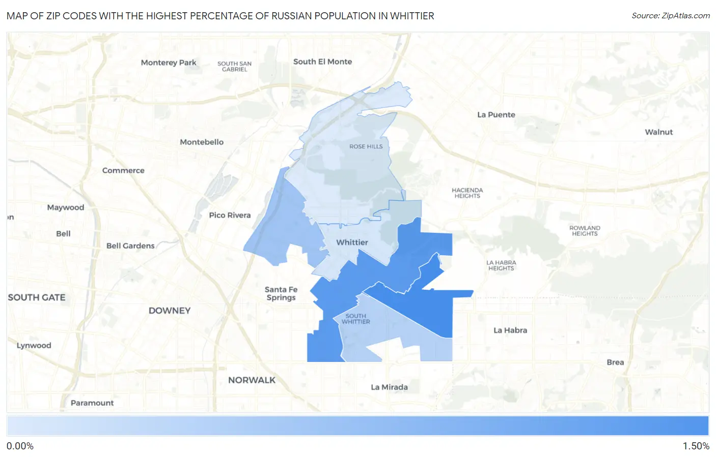 Zip Codes with the Highest Percentage of Russian Population in Whittier Map