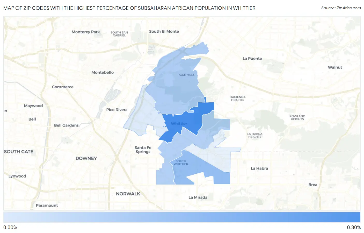 Zip Codes with the Highest Percentage of Subsaharan African Population in Whittier Map