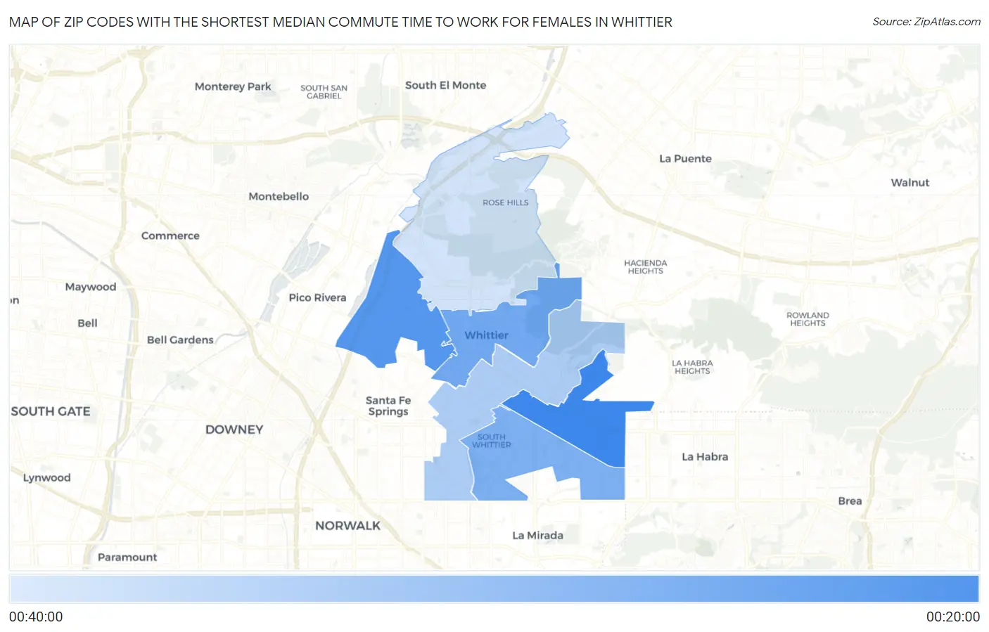 Zip Codes with the Shortest Median Commute Time to Work for Females in Whittier Map