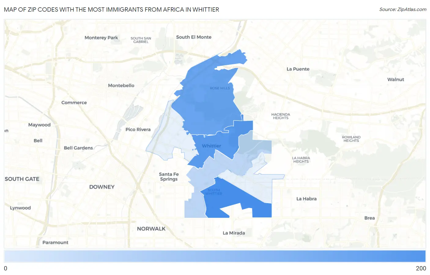 Zip Codes with the Most Immigrants from Africa in Whittier Map