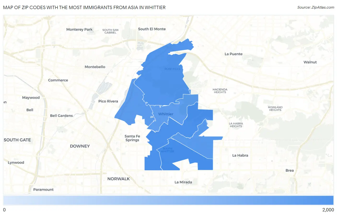 Zip Codes with the Most Immigrants from Asia in Whittier Map