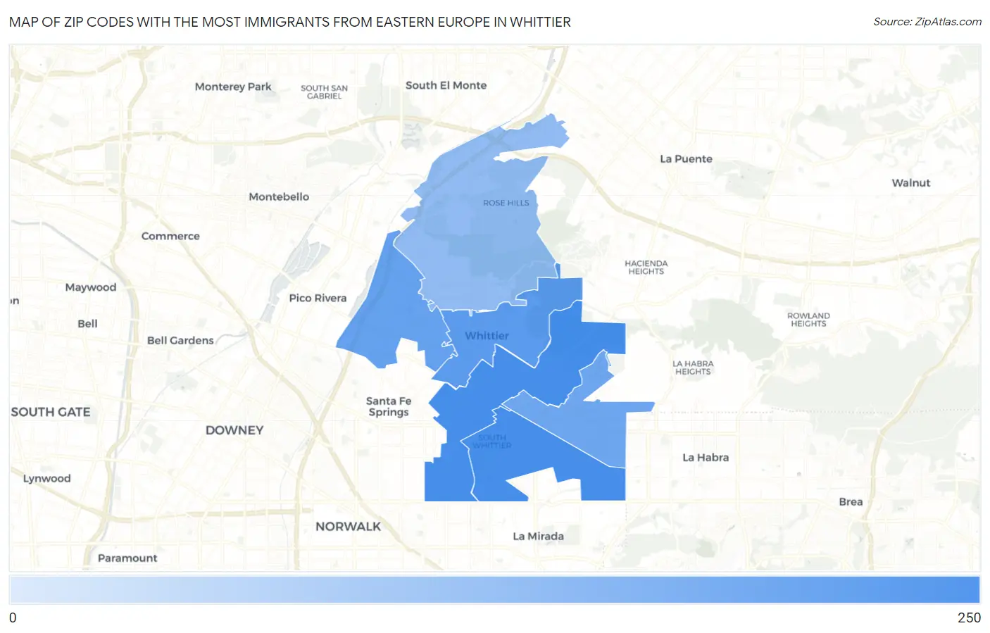 Zip Codes with the Most Immigrants from Eastern Europe in Whittier Map