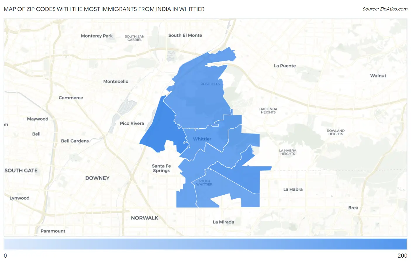 Zip Codes with the Most Immigrants from India in Whittier Map