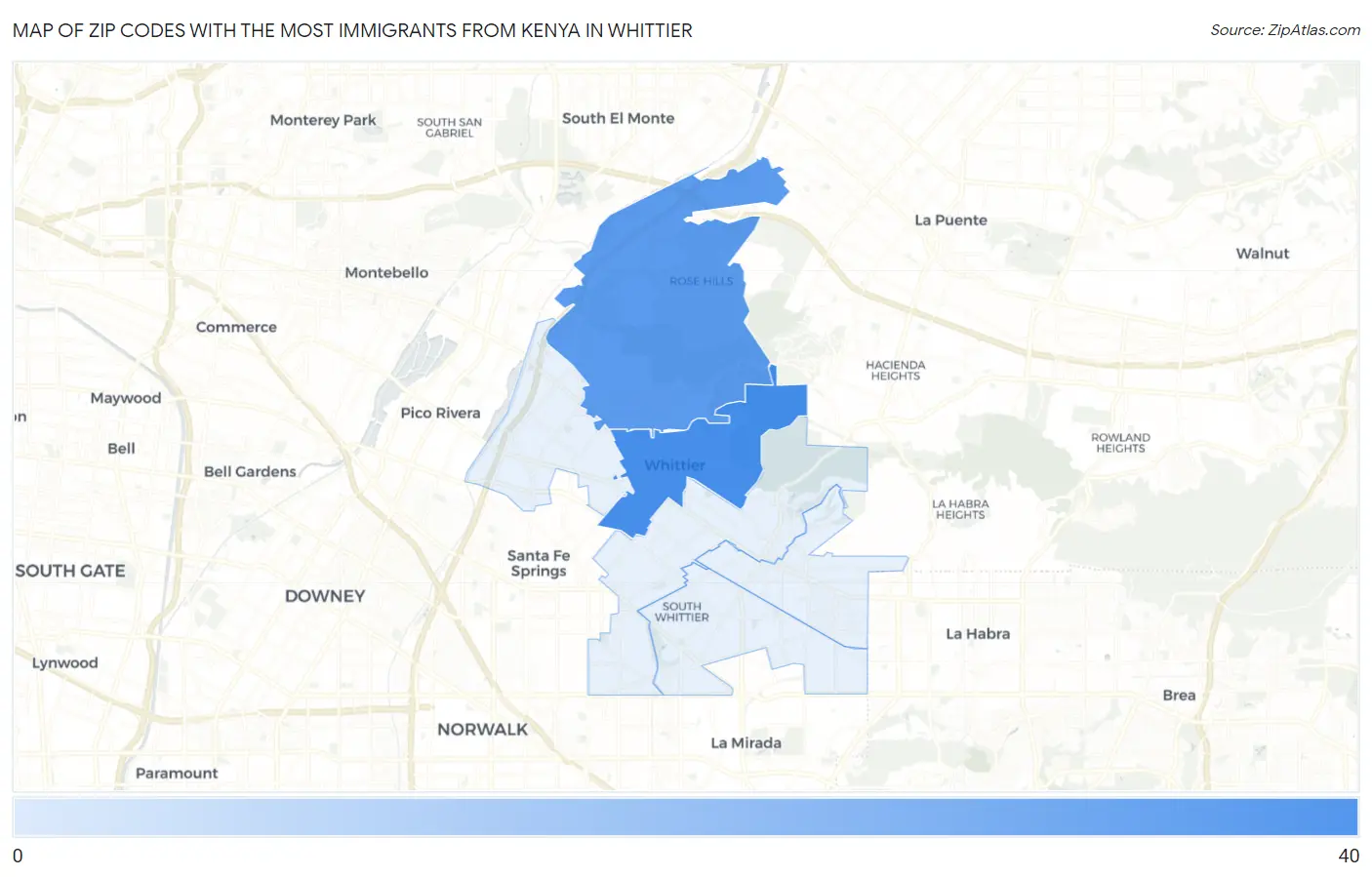 Zip Codes with the Most Immigrants from Kenya in Whittier Map