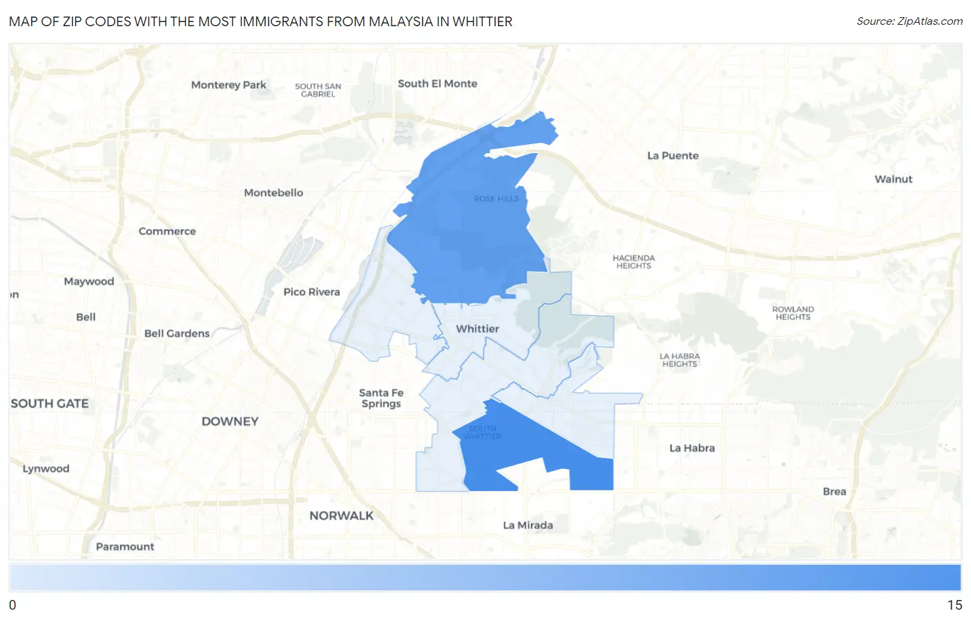 Zip Codes with the Most Immigrants from Malaysia in Whittier Map