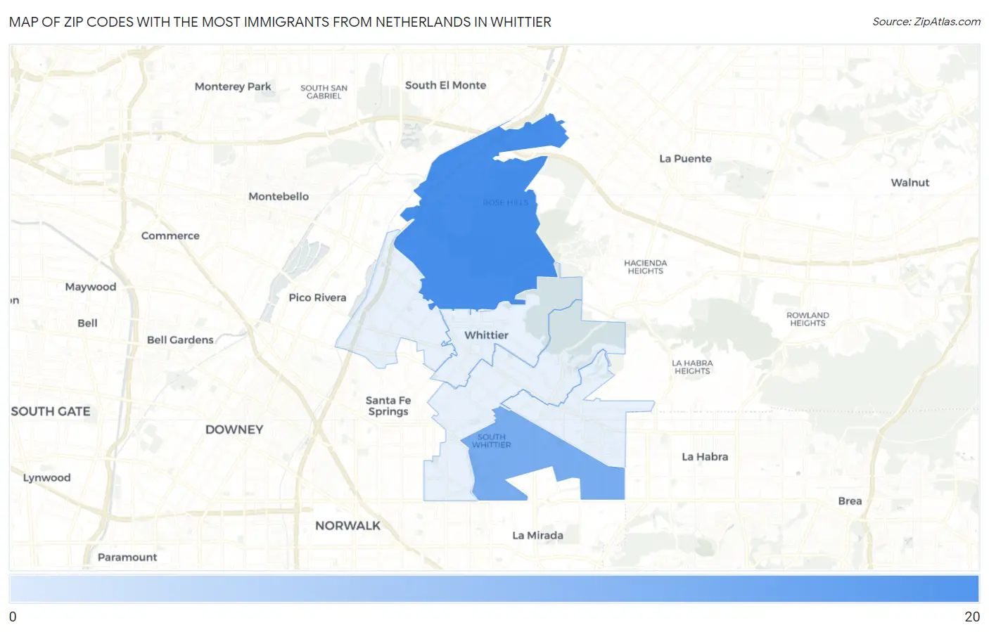 Zip Codes with the Most Immigrants from Netherlands in Whittier Map