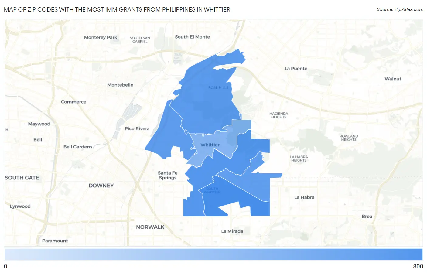 Zip Codes with the Most Immigrants from Philippines in Whittier Map
