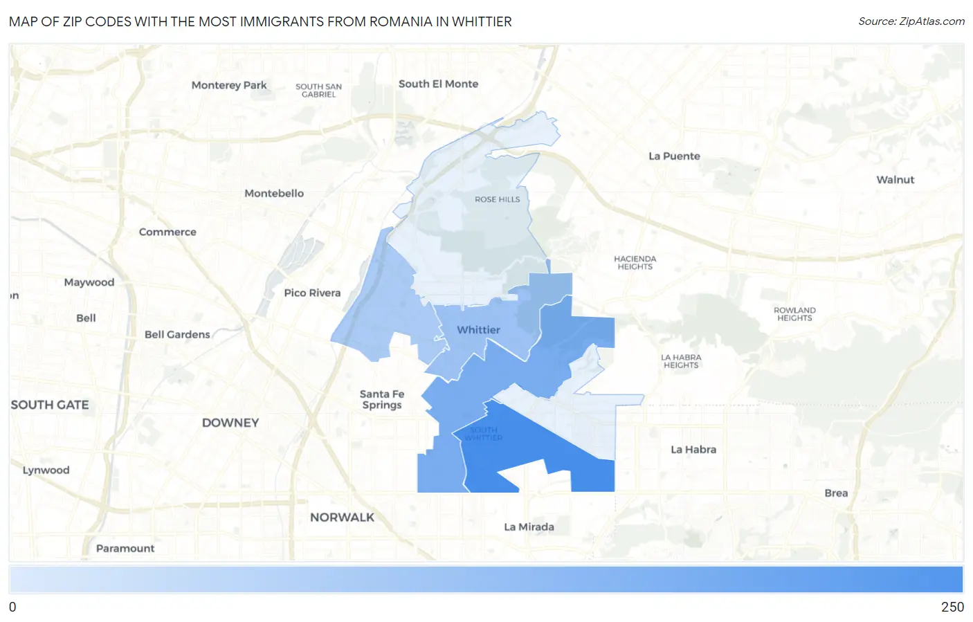 Zip Codes with the Most Immigrants from Romania in Whittier Map