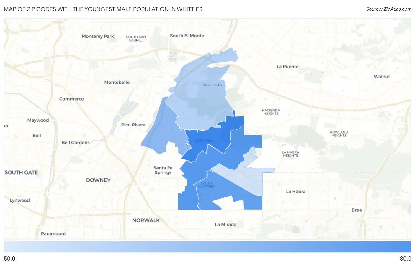 Zip Codes with the Youngest Male Population in Whittier Map