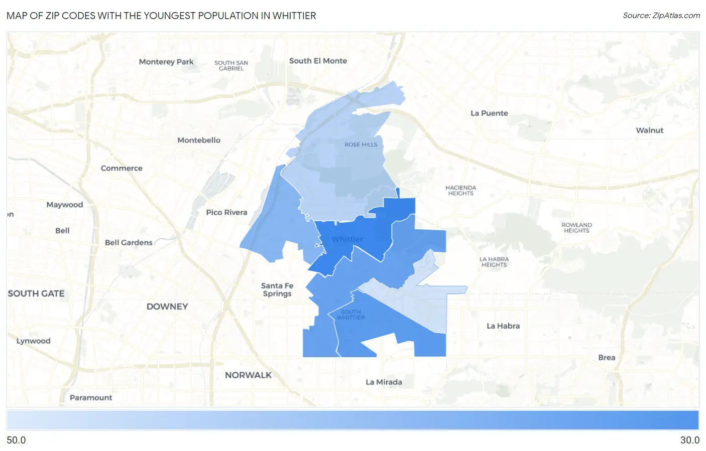Zip Codes with the Youngest Population in Whittier Map
